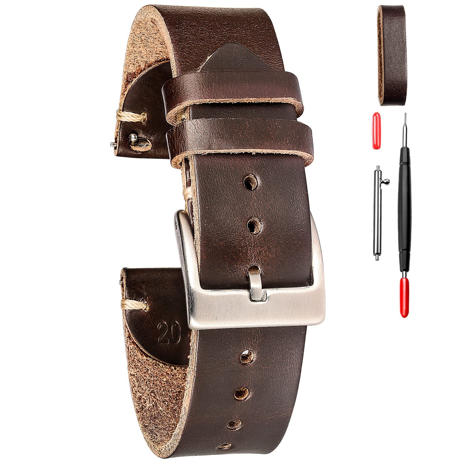 Leather watch band with quick-release fitting, photographed for a marketplace product listing